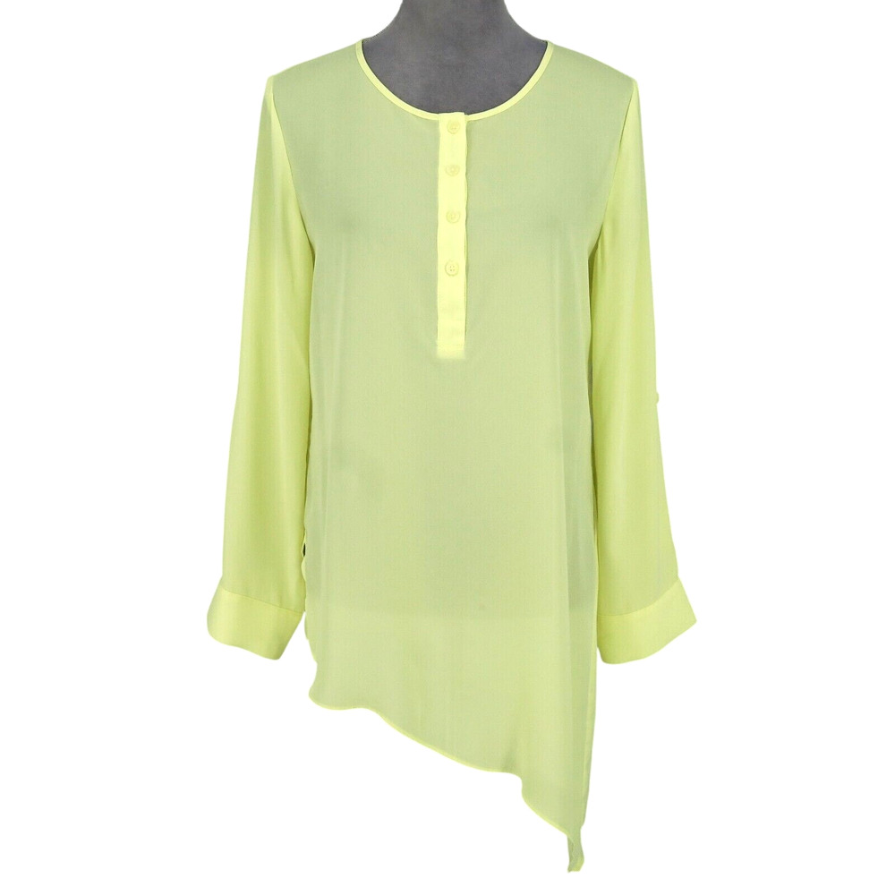 Chicos Top 0 Womens 4 Small Yellow Chiffon Semi Sheer Blouse Asymmetric Hem